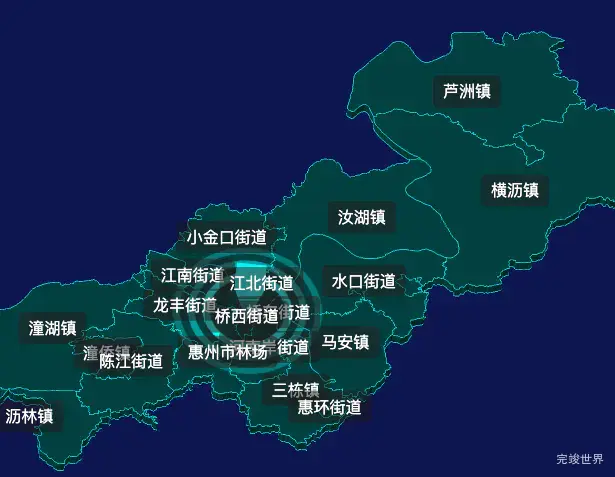 threejs惠州市惠城区geoJson地图3d地图CSS2D外加旋转棱锥